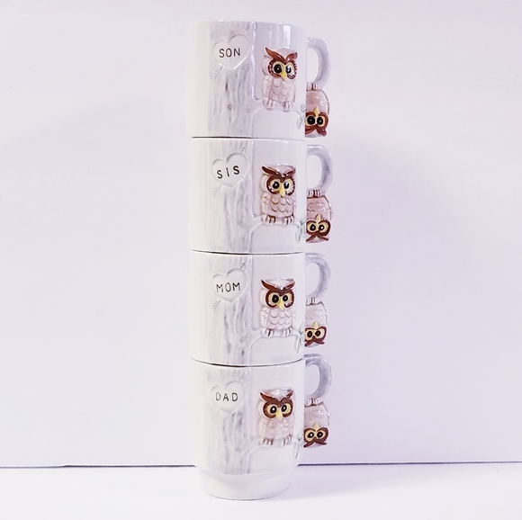 4 Enesco Owl Coffee Cup Emotional Support Stackable Family Dad Mom Son Sister - Picture 1 of 13